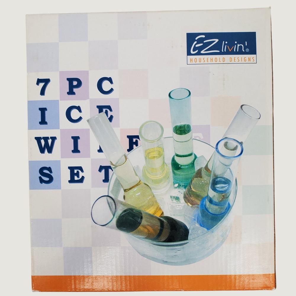 Vintage EZ Livin 7PC Ice Wine Set 6 Multi Color Glass Goblet Tubes Ice Bucket